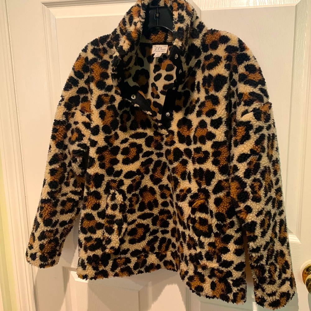J Crew leopard print fleece pullover fleece 1/4 snap